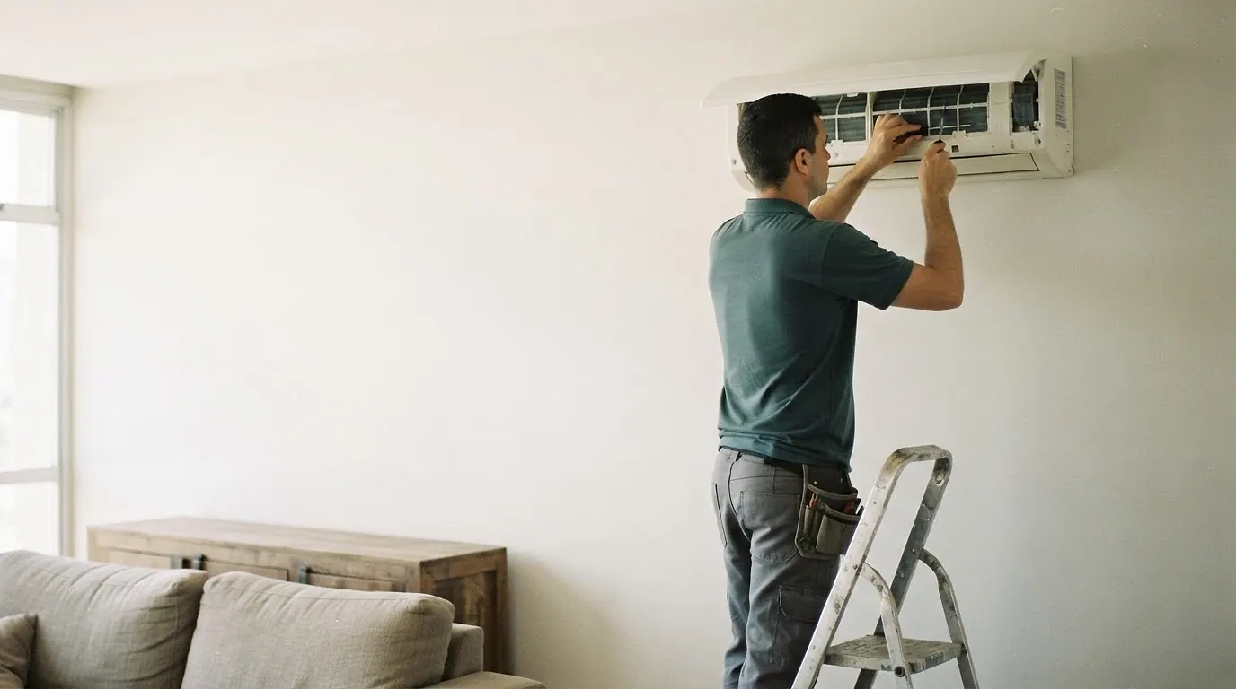 Técnico instalando um ar-condicionado split na parede de uma sala