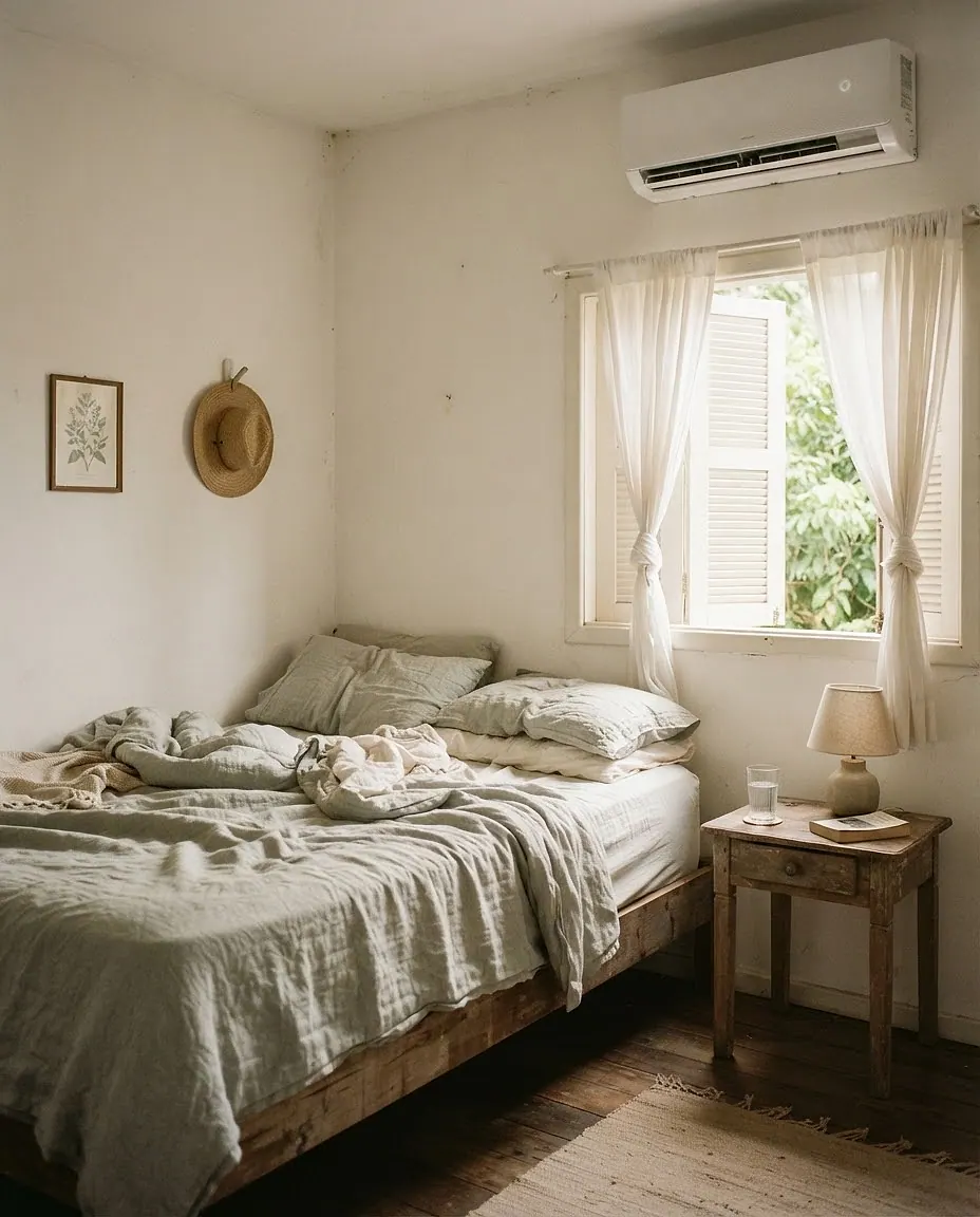 Quarto com ar-condicionado split instalado no alto da parede